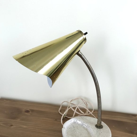 Brass Bullet Lamp with Ceramic Ashtray Base Vintage MCM Gooseneck Lamp - Picture 4 of 13
